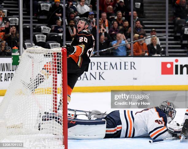 Nicolas Deslauriers of the Anaheim Ducks celebrates his goal past Mike Smith of the Edmonton Oilers, to take a 2-0 lead, during the first period at...