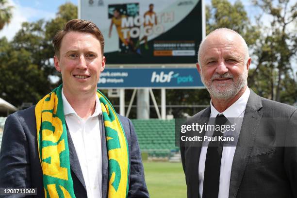 Football West CEO James Curtis and Socceroos Head Coach Graham Arnold pose after addressing the media during an Australian Socceroos media...