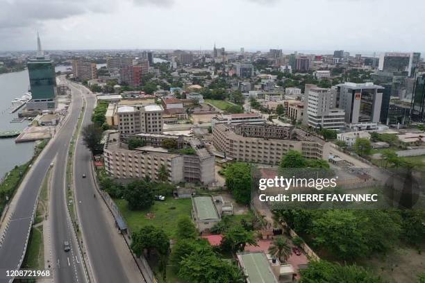 An aerial view shows empty streets in Lagos on March 31, 2020. - Lagos was deserted on March 31 after Nigeria locked down its economic hub and...