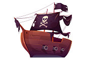 Vector wooden pirate boat with black sails