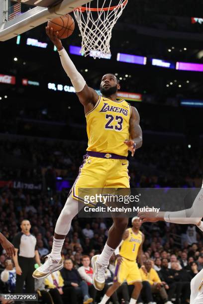 LeBron James of the Los Angeles Lakers goes to the basket in a game against the New Orleans Pelicans during the second half at Staples Center on...