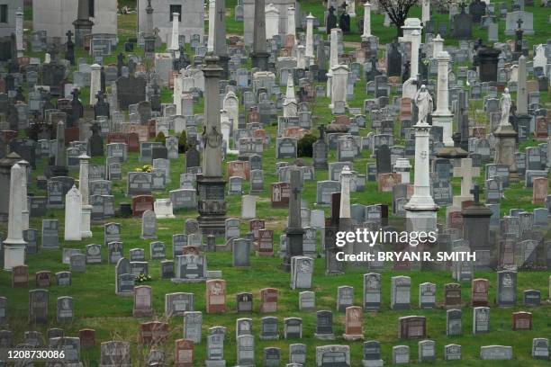 Headstones in Calvary Cemetery in the Borough of Queens on March 31, 2020 in New York. - A military hospital ship arrived in New York on March 30,...