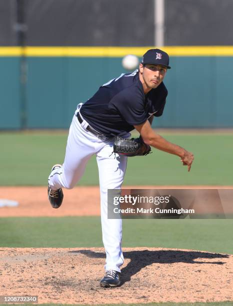 Alex Faedo of the Detroit Tigers throws a warm-up pitch during the Spring Training game against the Toronto Blue Jays at Publix Field at Joker...