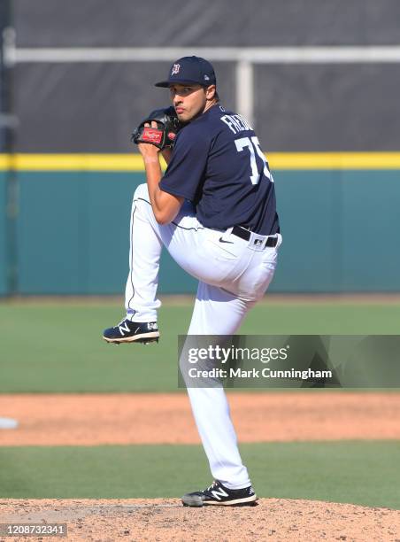 Alex Faedo of the Detroit Tigers throws a warm-up pitch during the Spring Training game against the Toronto Blue Jays at Publix Field at Joker...