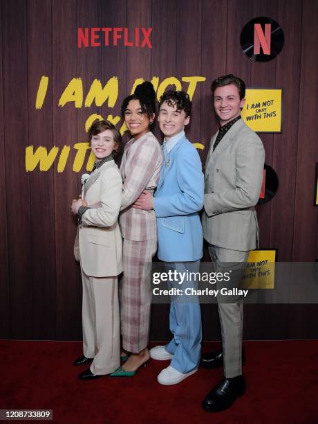 Sophia Lillis, Sofia Bryant, Wyatt Oleff, and Richard Ellis attend the premiere of Netflix's "I Am Not Okay With This" at The London West Hollywood...
