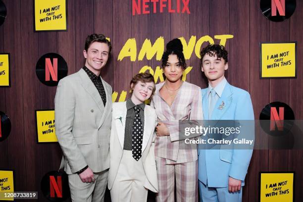 Richard Ellis, Sophia Lillis, Sofia Bryant, and Wyatt Oleff attend the premiere of Netflix's "I Am Not Okay With This" at The London West Hollywood...