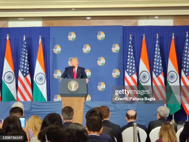 President Donald Trump holds a press conference at the India and America summit meeting at Hyderabad House on February 25, 2020 in New Delhi, India....