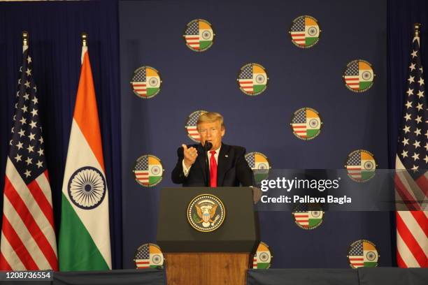 President Donald Trump holds a press conference at the India and America summit meeting at Hyderabad House on February 25, 2020 in New Delhi, India....