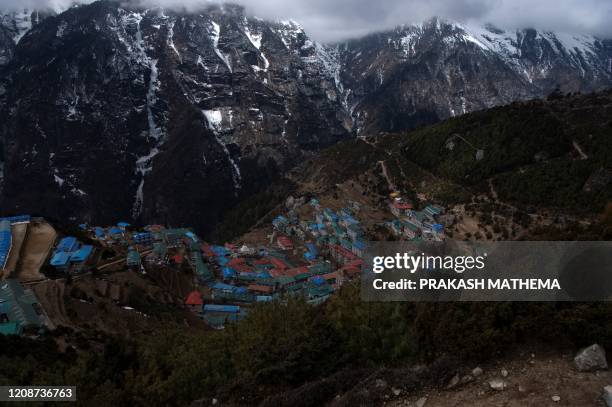 This picture taken on March 2020 shows a general view of Namche Bazaar, the last stop before base camp in the shadow of the world's tallest mountain...