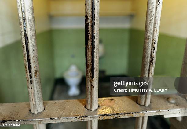 The worn bars in the cell block are seen at Alcatraz Island, a 22-acre rocky outcrop situated 1.5 miles offshore in San Francisco Bay, August 11,...