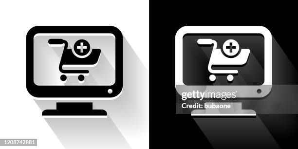 online shopping black and white icon with long shadow - multiple computer screens white background stock illustrations
