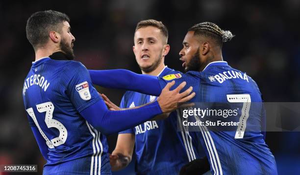 Cardiff player Will Vaulks steps in between team mates Callum Paterson and Leandro Bacuna at the final whistle after the Sky Bet Championship match...