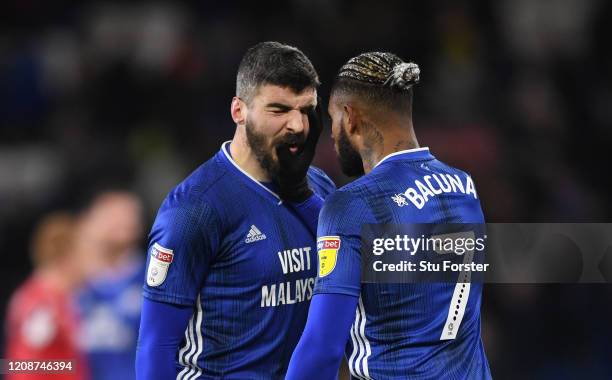 Cardiff players Callum Paterson and team mates Leandro Bacuna go head to head at the final whistle after the Sky Bet Championship match between...