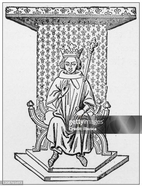 antique illustration of important people of the past: louis ix - french_crown stock illustrations