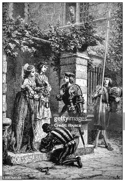 antique illustration of important people of the past: the chevalier bayard taking leave of the ladies of brescia - brescia stock illustrations
