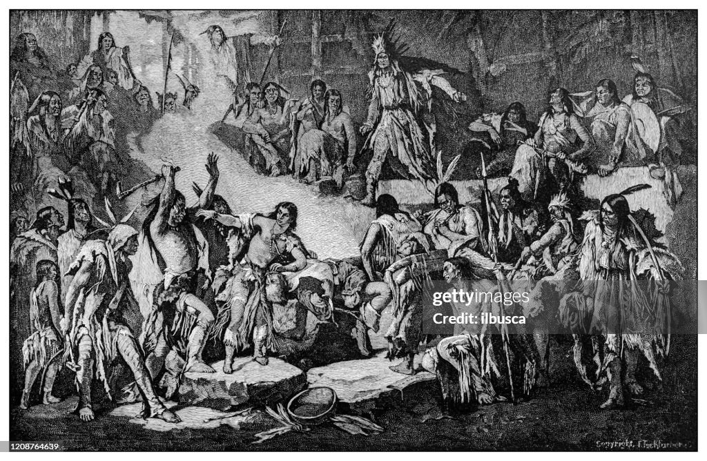 Antique illustration of important people of the past: Captain John Smith saved by Pocahontas