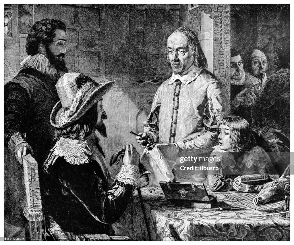Antique illustration of important people of the past: William Harvey demonstrating the circulation of the blood