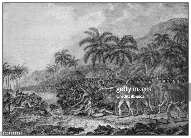 antique illustration of important people of the past: death of captain james cook - james cook celebrity stock illustrations