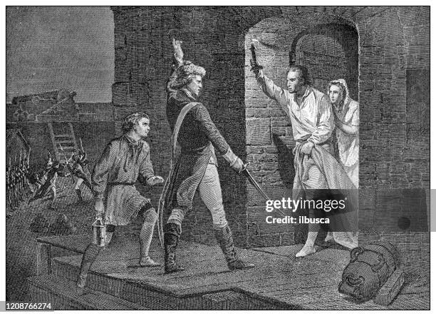 antique illustration of important people of the past: ethan allen at ticonderoga - fort ticonderoga stock illustrations