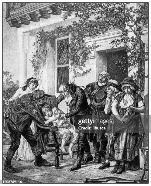 antique illustration of important people of the past: dr edward jenner first vaccination - first occurrence stock illustrations