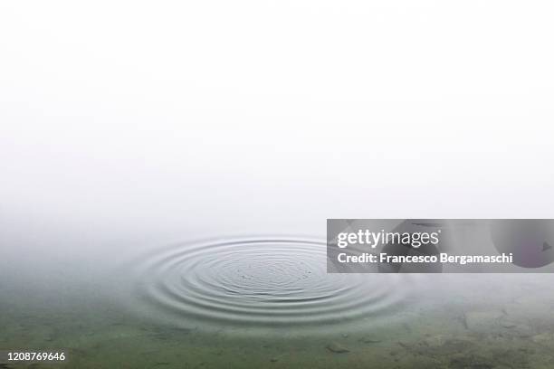 circular pattern on water surface with fog in the background. - scène tranquille brume photos et images de collection