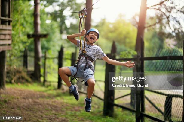 little boy ziplining in forest - abseiling stock pictures, royalty-free photos & images