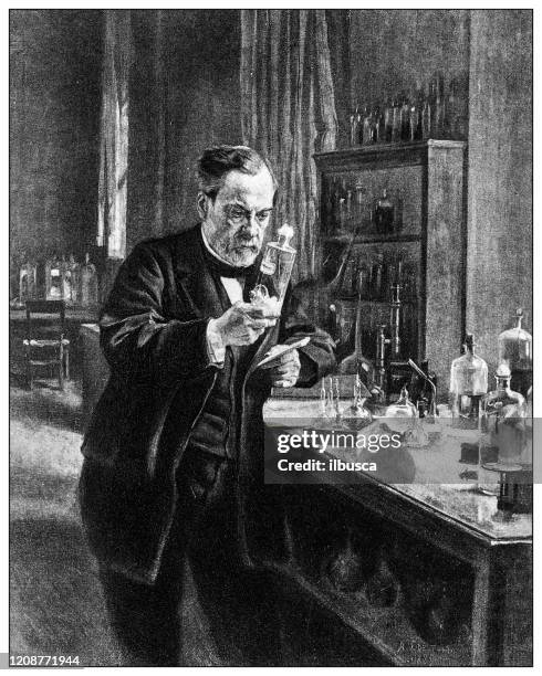 antique illustration of important people of the past: louis pasteur in his lab - louis pasteur stock illustrations