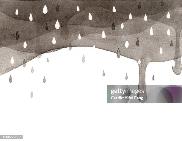 watercolour illustration of rainy sky with dark clouds - black watercolor stockfoto's en -beelden