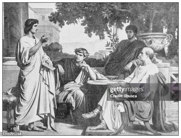 antique illustration of important people of the past: virgil, horace and varius at the house of maecenas - virgil stock illustrations