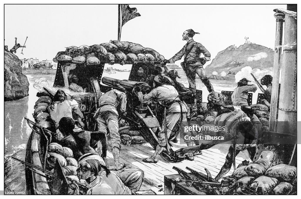 Antike Illustration wichtiger Menschen der Vergangenheit: General Charles George Gordon von El Mahdis Arabern angegriffen