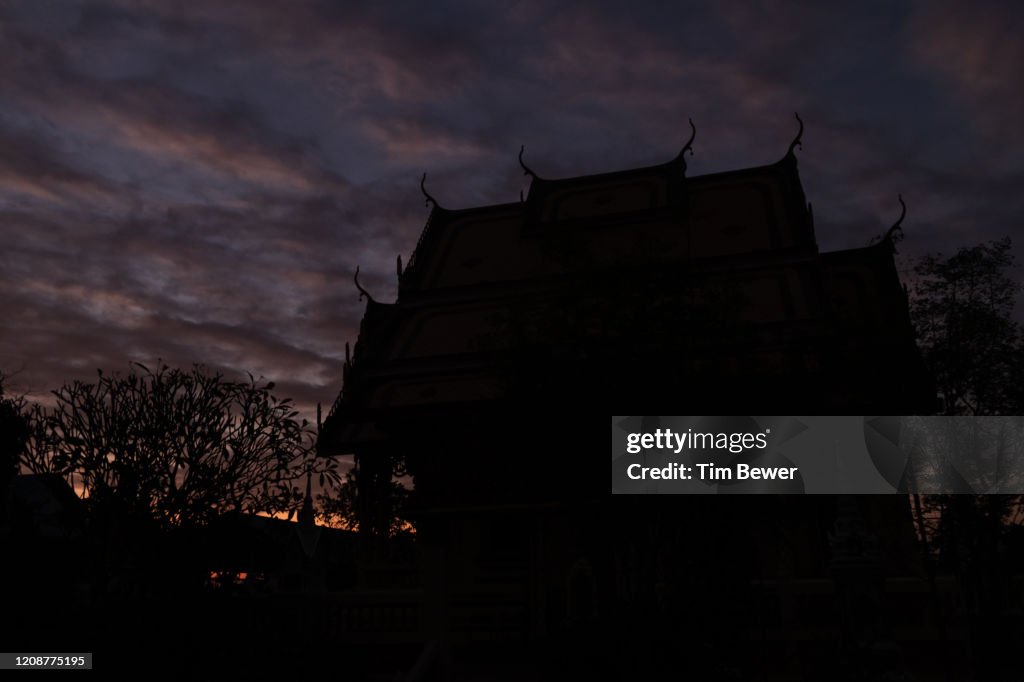 Sunrise at a Buddhist temple.