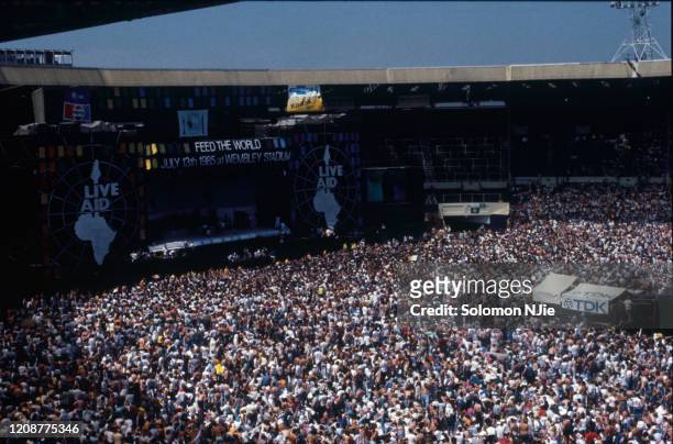 Live Aid stage and audience taken from Wembley Stadium roof, 13 July 1985 Wembley Stadium, London.