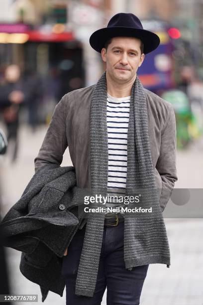 Matthew Morrison seen leaving Global Radio Studios on February 26, 2020 in London, England.