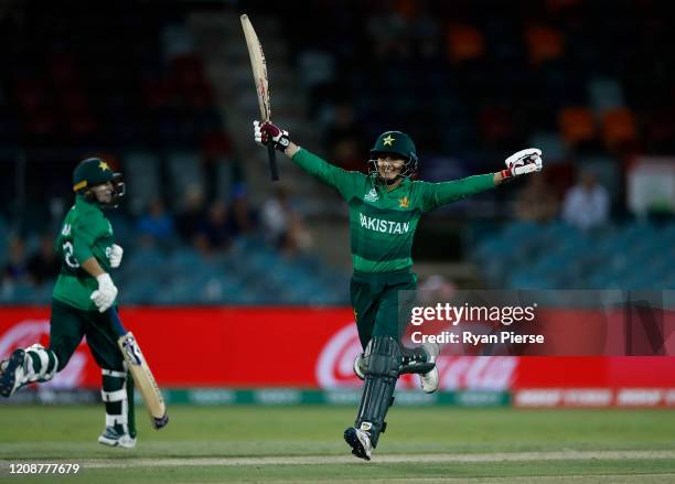 Bismah Maroof of Pakistan celebrates after hitting the winning runs during the ICC Women's T20 Cricket World Cup match between the West Indies and...