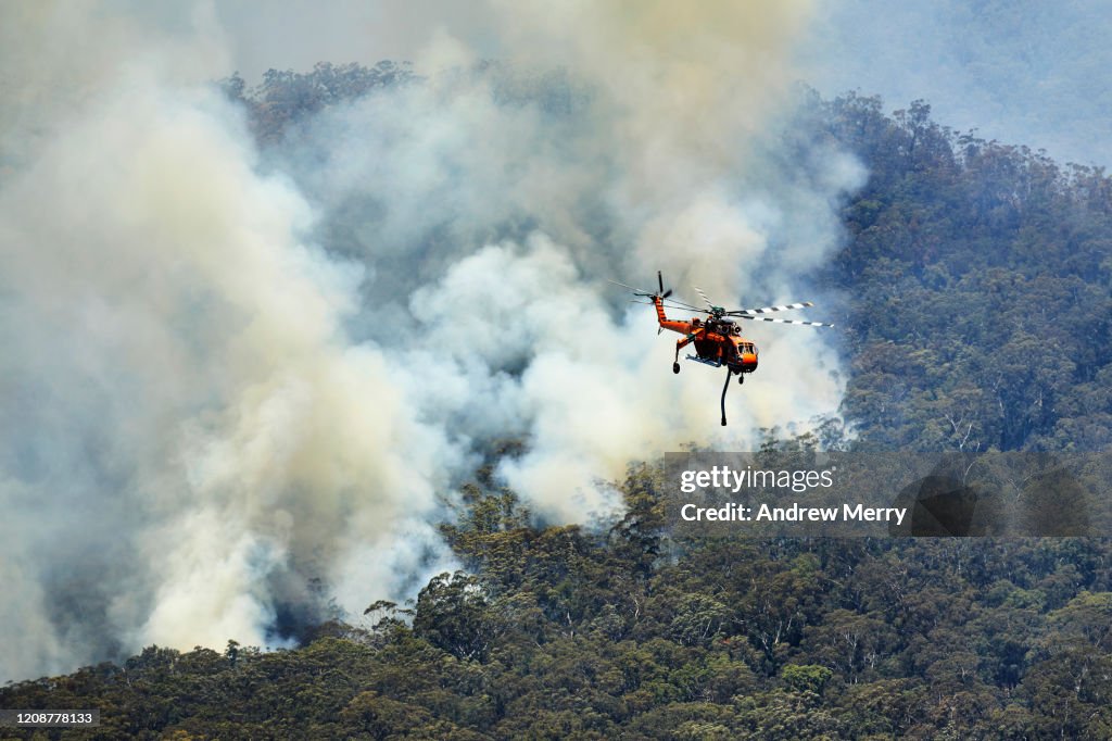 Forest fires with firefighting helicopter aircraft water bombing bushfires in valley of eucalyptus trees, Australia