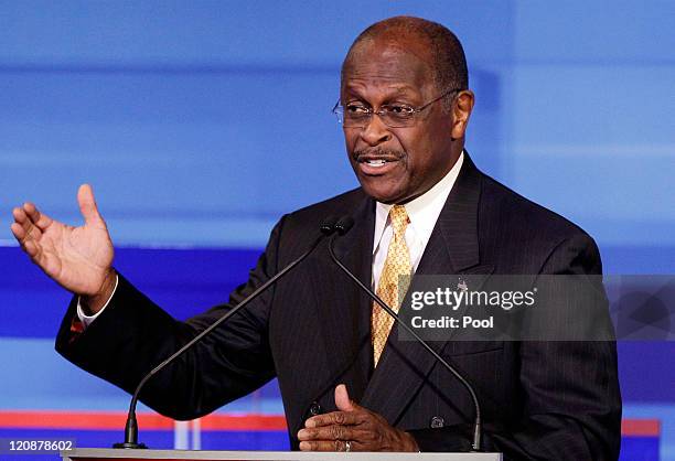 Republican presidential candidate businessman Herman Cain speaks during the Iowa GOP/Fox News Debate on August 11, 2011 at the CY Stephens Auditorium...