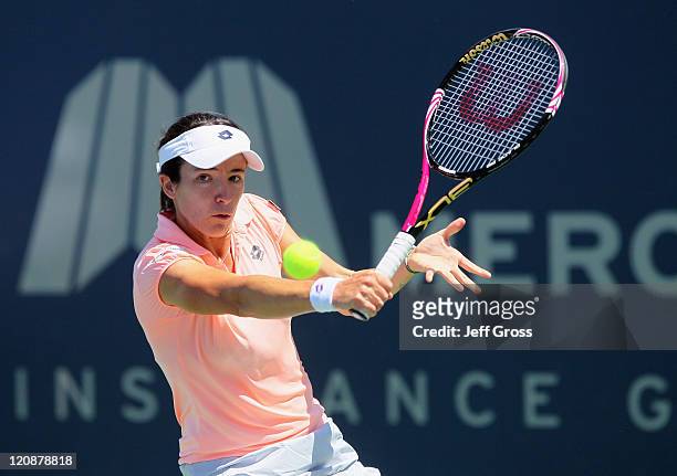 Alberta Brianti of Italy returns a backhand to Ana Ivanovic of Serbia during the Mercury Insurance Open presented by Tri-City Medical at the La Costa...
