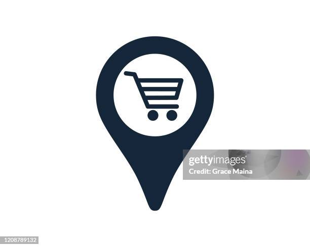 ilustraciones, imágenes clip art, dibujos animados e iconos de stock de símbolo del carro de la compra con la ubicación de la navegación mapa del icono de la ilustración vectorial - mapa localizador