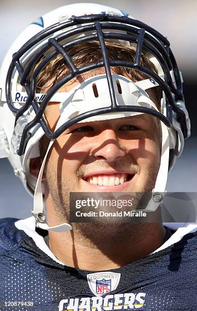 Stephen Schilling of the San Diego Chargers looks on against the Seattle Seahawks during their NFL preseason game at Qualcomm Stadium in San Diego,...