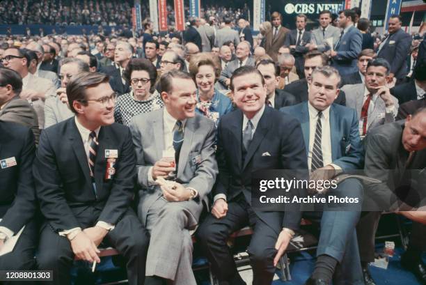 Democratic Party members seated at the 1968 Democratic National Convention, held at the International Amphitheatre in Chicago, Illinois, United...