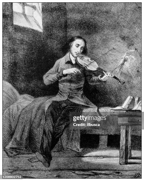 antique illustration of important people of the past: paganini in prison - violinist stock illustrations