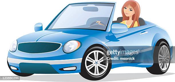 illustrazioni stock, clip art, cartoni animati e icone di tendenza di donna in auto - auto convertibile