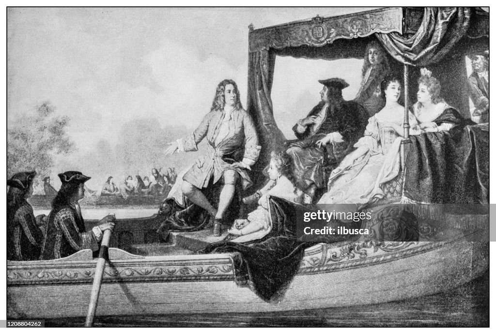 Antique illustration of important people of the past: Handel's river concert for George I