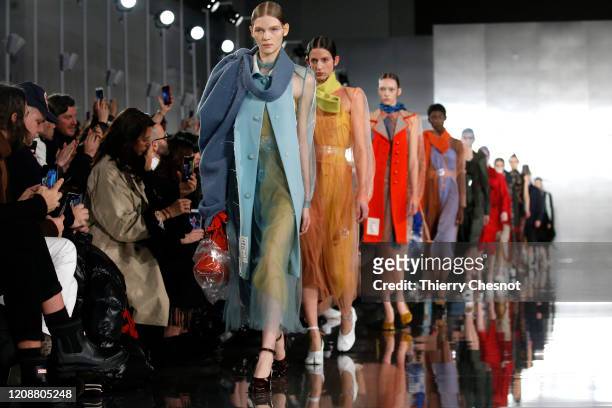 Models walk the runway during the Maison Margiela show as part of the Paris Fashion Week Womenswear Fall/Winter 2020/2021 on February 26, 2020 in...