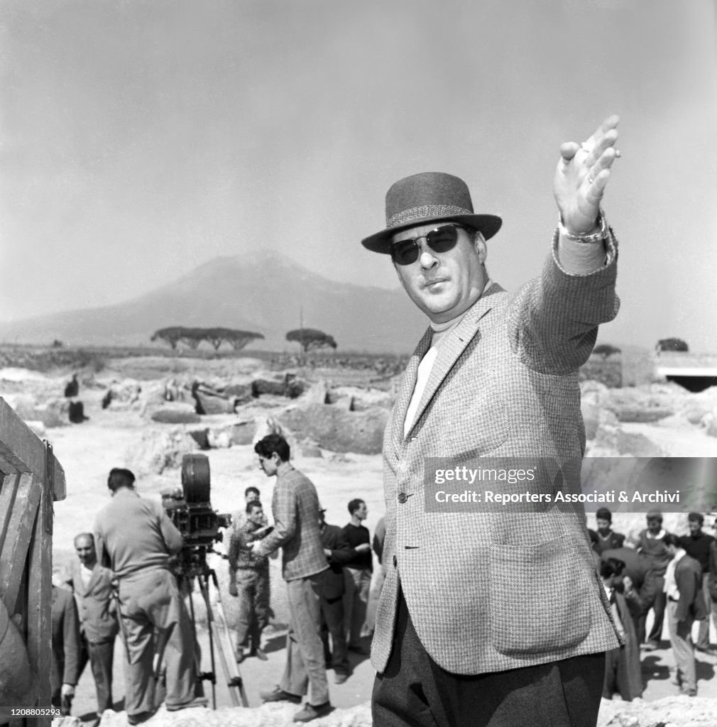 Roberto Rossellini working on the set of his film "Journey to Italy"
