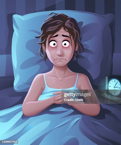 ilustraciones, imágenes clip art, dibujos animados e iconos de stock de mujer joven sin dormir acostada en su cama - frustración