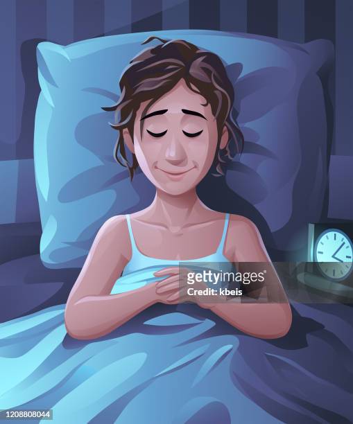 若い女性は彼女のベッドでよく眠っている - 夜　部屋点のイラスト素材／クリップアート素材／マンガ素材／アイコン素材