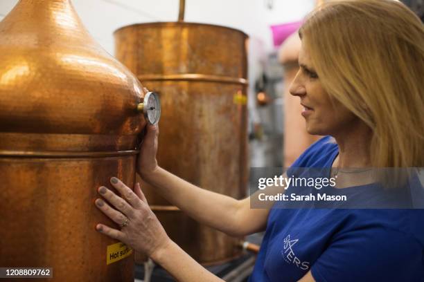 woman checking temperature on copper gin still - distilleria foto e immagini stock
