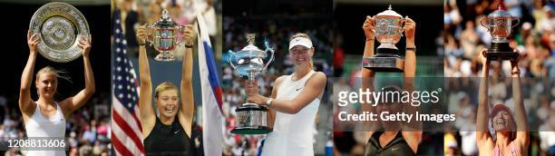This composite image shows all 5 of Maria Sharapova's Grand Slam wins Wimbledon Lawn Tennis Championship 2004,US Open 2006, Australian Open 2008 and...