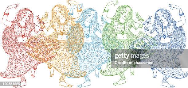 five indian dancers - belly dancing stock illustrations